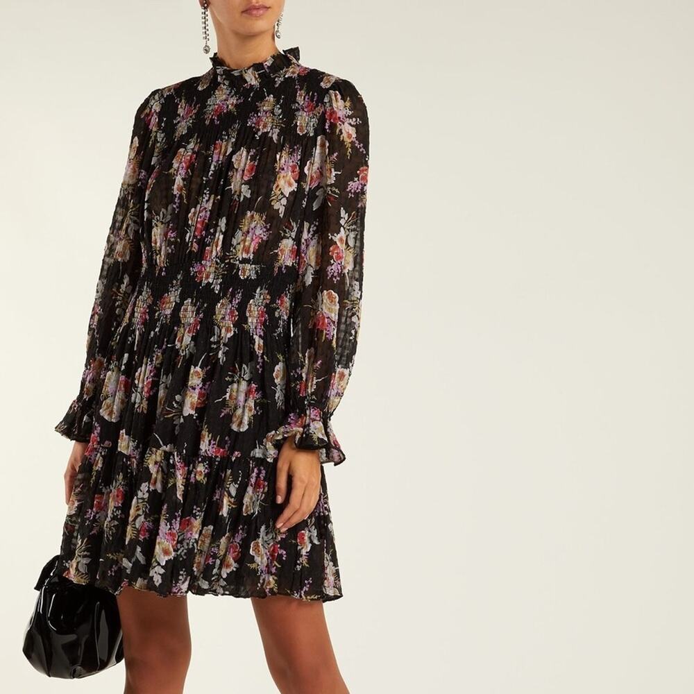 Rebecca Taylor | Women’s Black Floral Smock Dress Silk Ruffles Mock-Neck Flowy M